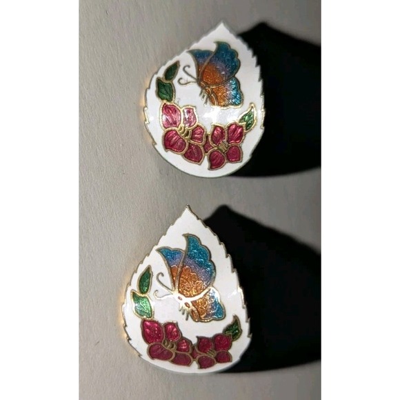 The Unbranded Brand Jewelry - CLOISONNE BLUE BUTERRFLY & FLOWERS POST EARRINGS MULTICOLOR ENAMEL VINTAGE HTF